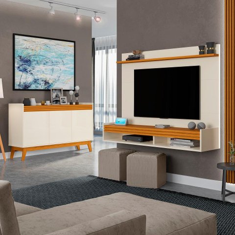 Conjunto Sala de Estar Painel Home 136cm e Buffet Ripado