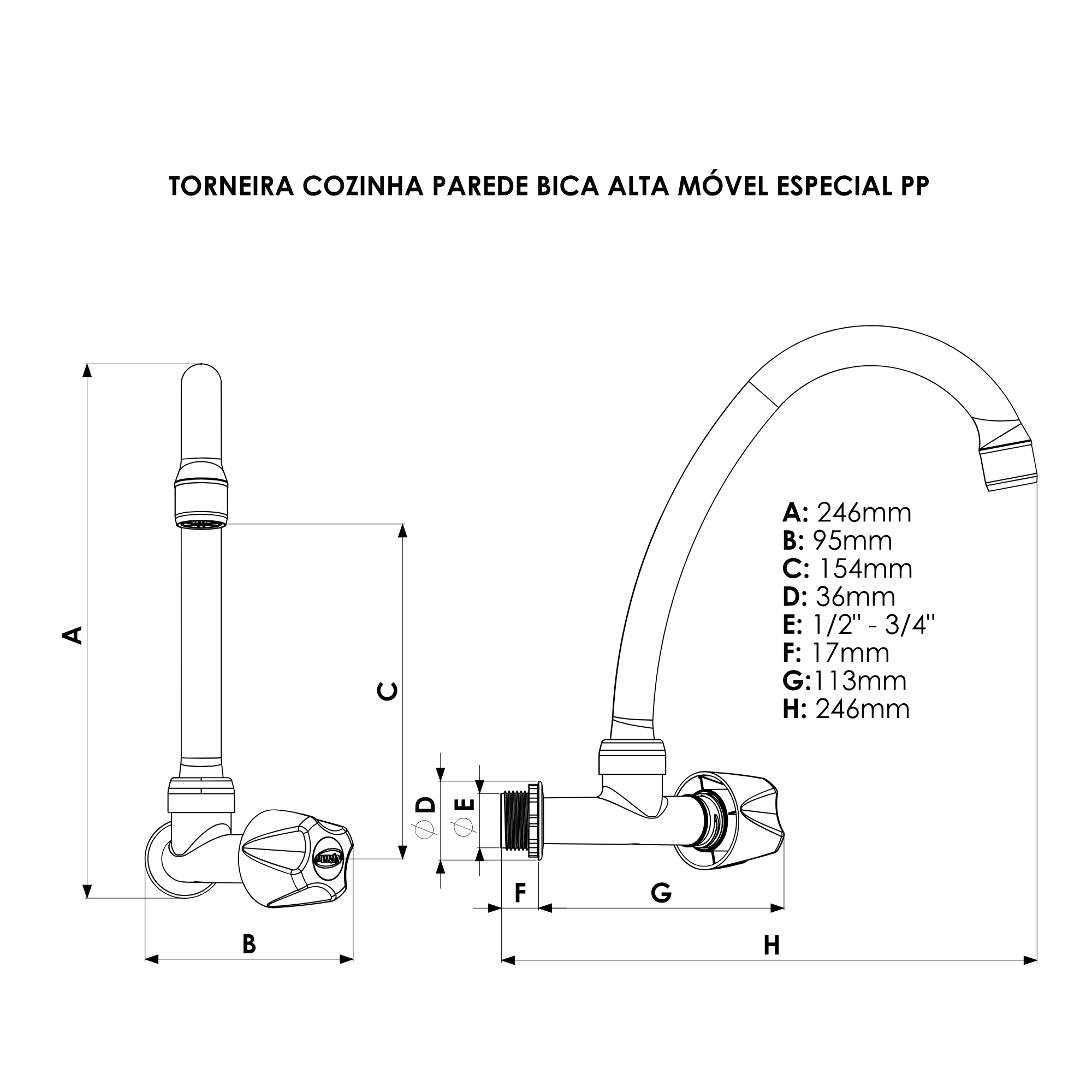 Torneira Cozinha Modelo de Parede Bica Alta Especial Pp 1/2'' e 3/4'' Cor Branco e Cromado Durín - 3