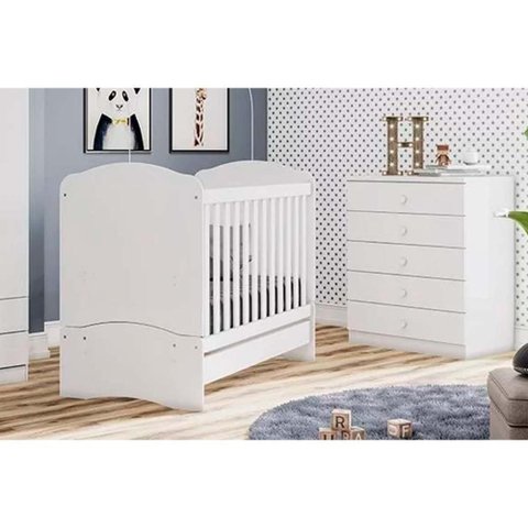 Quarto de Bebê Completo Bala de Menta 2 Peças (1 Cômoda + 1 Berço) Qi95 Branco - Henn