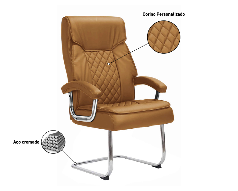 Cadeira de Escritório Luxo - Assento e encosto CARAMELO Base fixa de aço cromado Mola ensacada - 2%  - 2