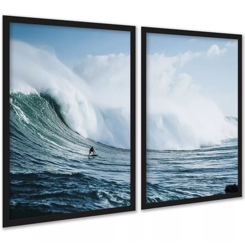 Kit 2 Quadros Decorativos Ondas Surf Surfista 45x34cm - com Vidro:moldura Preta