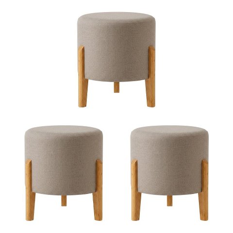 Kit com 3 Puffs Elegance em Linho Pés de Madeira Design Minimalista Sala Sofisticada Premium - Bege
