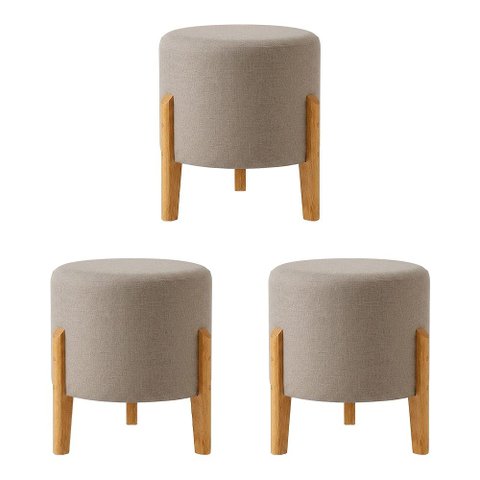 Kit com 3 Puffs Elegance em Linho Pés de Madeira Design Minimalista Sala Sofisticada Premium - Bege