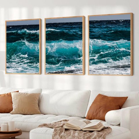 Kit Quadro Decorativo 3 Telas As Ondas Tacolado Moldura Caixa Alta 4,5cm Madeira sem Vidro 60 X 90cm