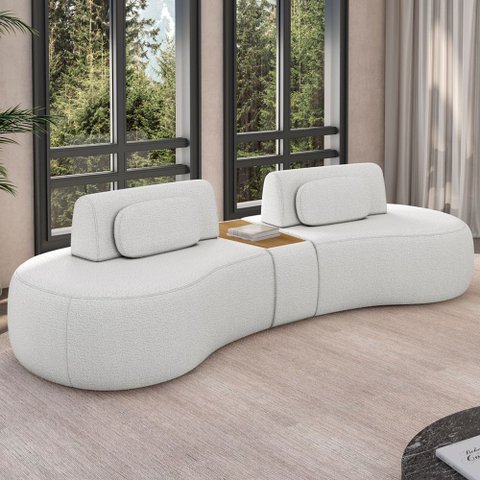 Sofá 4 Lugares Orgânico para Sala Living com Puff 302cm Vasti M03 Bouclê Cru - Lyam Decor