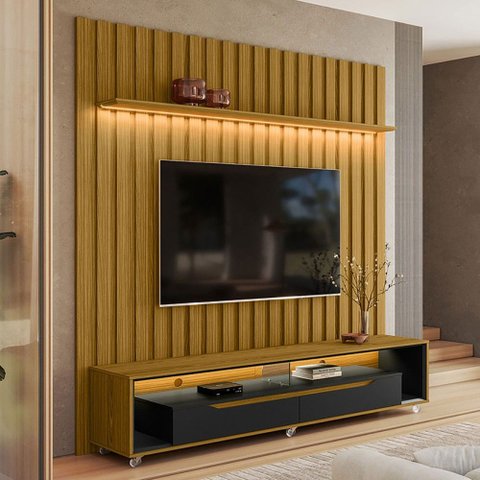 Rack com Painel para Tv até 70 Polegadas Perla 2 Gavetas 1 Prateleira Cedro/preto - Pnr Móveis