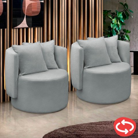 Kit 2 Poltrona Orgânica Base Giratória Maya Boucle Cinza Redonda Decorativa - Arkell