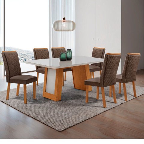 Mesa de Jantar Carolina 180cm Tampo MDF Vidro Canto Copo com 6 Cadeiras Lisa