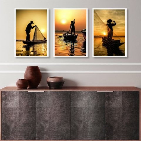 Kit 3 Quadros Decorativos Fotografias Pescadores 45x34cm - com Vidro:madeira Preta