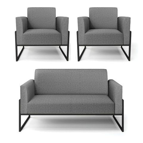 Sofá Namoradeira com 2 Poltronas Base Industrial Alta Preto Marisa Linho D03 - D’Rossi A26 Gr