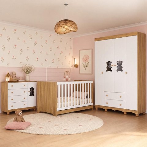 Quarto de Bebê Completo com Berço Americano 3 em 1 e Colchão Incluso Flor Multimóveis MP4929