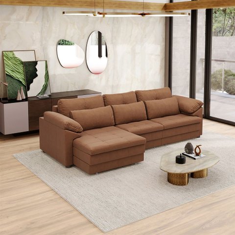 Sofá Retrátil Manual Sala de Estar Nolan Bipartido 297cm Conforto Premium em Couro Mel Manchado G58 