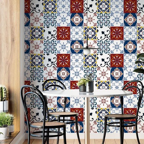 Papel de Parede Adesivo Azulejo Branco, Azul e Vermelho - 3,0m