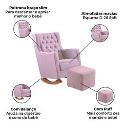 Poltrona Cadeira Amamentação Rosa Puff e Balanço Quarto Bebe Luxo - 3