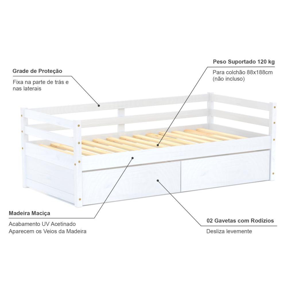 Cama Infantil Slim com 02 Gavetas Madeira Maciça Branco Housin - 4