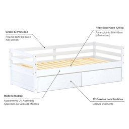 Cama Infantil Slim com 02 Gavetas Madeira Maciça Branco Housin - 4