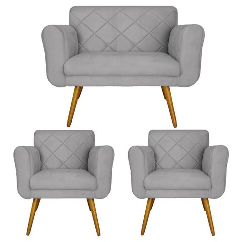 Conjunto Namoradeira e 2 Poltrona Isabella Sala de Estar Suede Cinza - LM DECOR