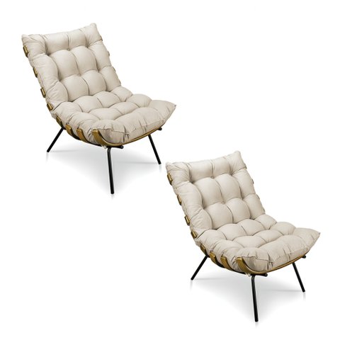 Kit 2 Poltronas Costela Suede Base Metálica - Pallazio - Bege