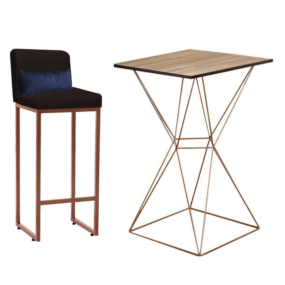 Kit Mesa Bistrô Lucca e 1 Banqueta Lucca Tampo Freijó Ferro Bronze Suede Marrom e Almofada Azul Mari - 1