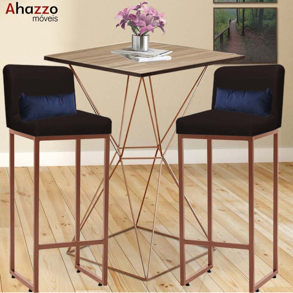 Kit Mesa Bistrô Lucca e 1 Banqueta Lucca Tampo Freijó Ferro Bronze Suede Marrom e Almofada Azul Mari - 2