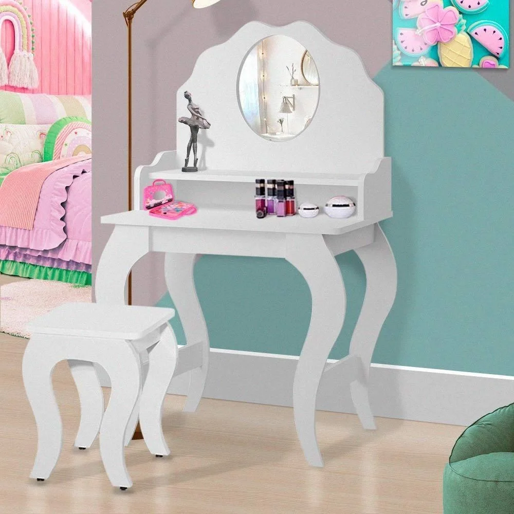 Penteadeira Infantil com Espelho Banqueta MDF Branco - 1