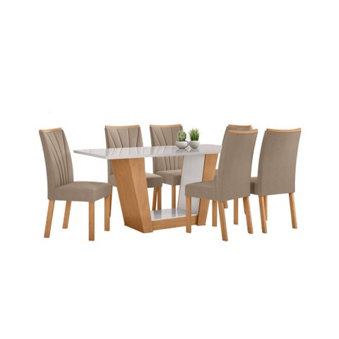 Conjunto Sala de Jantar Mesa Apogeu 160 Tampo Vidro Off White com 6 Cadeiras Apogeu - Lopas Amendoa 