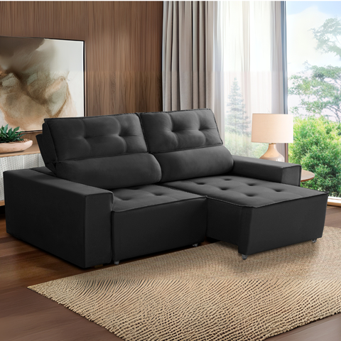 Sofá para Sala Reclinavel Estofado Price 180cm Veludo Preto