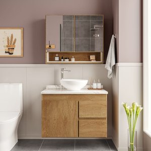 Conjunto Gabinete para Banheiro com Espelheira 80cm Travertino