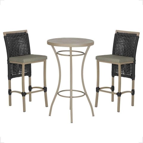 Mesa Bistrô e 2 Banquetas Roma Fendi Corda Estofado 7 Trama Preto