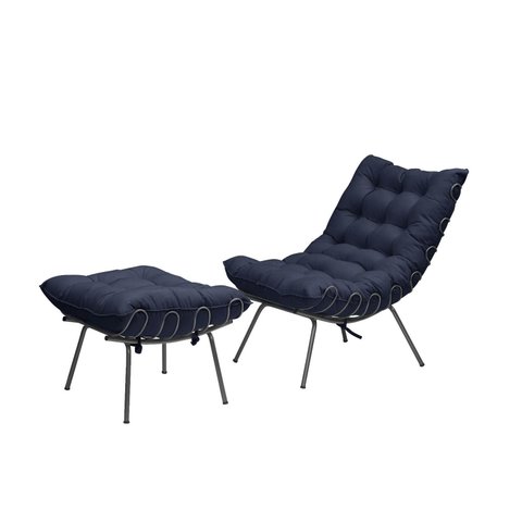 Poltrona Costela com Puff Adão Base Metal Preto - Veludo Azul