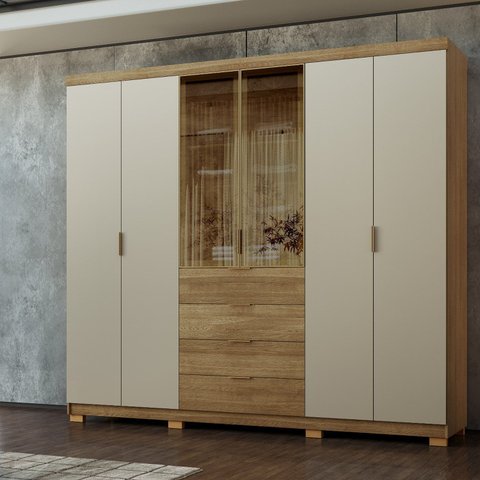 Guarda-Roupa Casal Reflecta 100% MDF 6 Portas 4 Gavetas Dubai Ouro Marrom/Nature/Fendi