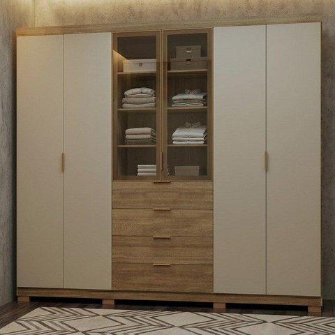 Guarda Roupa Casal 100% MDF 6 Portas 4 Gavetas com Porta Reflecta Dubai Ouro