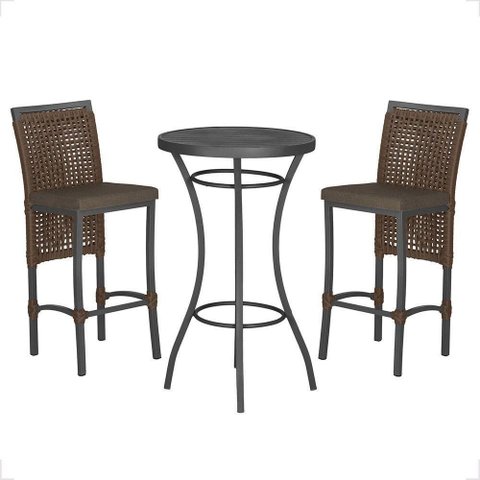 Mesa Bistrô e 2 Banquetas Roma Preta Corda Estofado 9 Trama Marrom