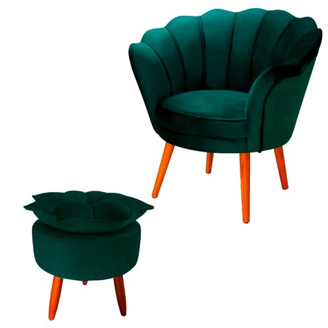 Poltrona com Puff Pétala Floral Decorativa com Pés de Madeira Verde
