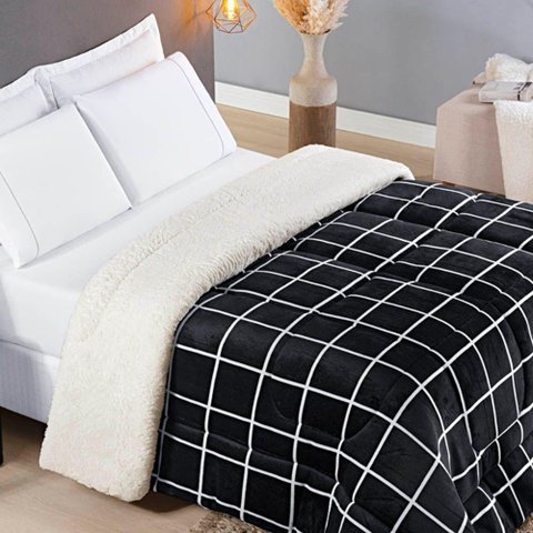 Edredom Coberdrom Austim Queen Original Sherpa e Manta - Preto