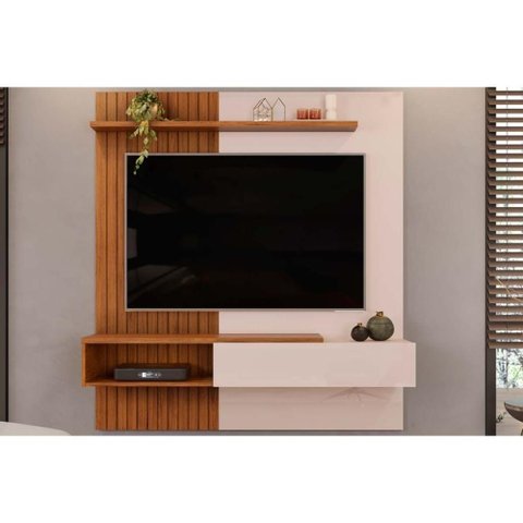 Painel Quarto P/ Tv até 65 Pol Tito Ripado C/ 1 Porta 150x164cm Off White/freijó - Dj Móveis