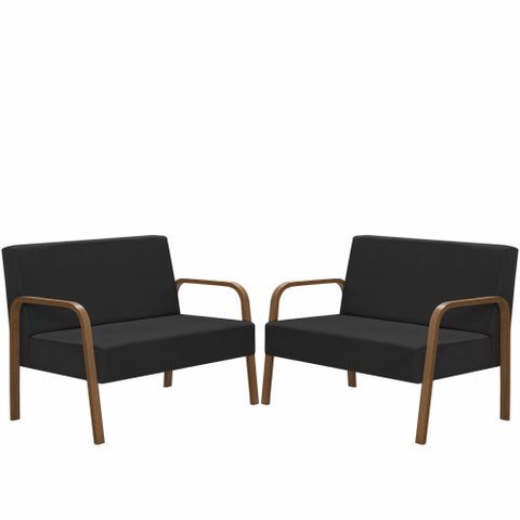 Kit Poltrona Decorativa 2 Namoradeiras Luna Braço Madeira D Salla Suede Preto