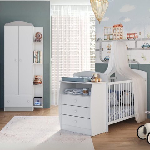 Berço Cômoda com Colchão Incluso e Guarda-roupa 2 Portas 1 Gaveta Multimóveis Mp4348 Branco/