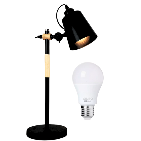 Luminária de Mesa 57cm Retrô Escandinava Articulada Metal Madeira Gimpo KJTD-687 + 1 Lâmpada 9W LED 