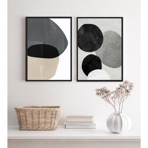 Kit 2 Quadros Decorativos Abstratos- Círculos Cinza 45x34cm:madeira Preta