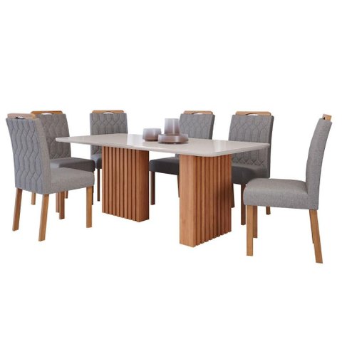 Mesa de Jantar Tampo de Vidro Off White Ester 1,80 com e 6 Cadeiras Paola Cinamomo/madeira/linho