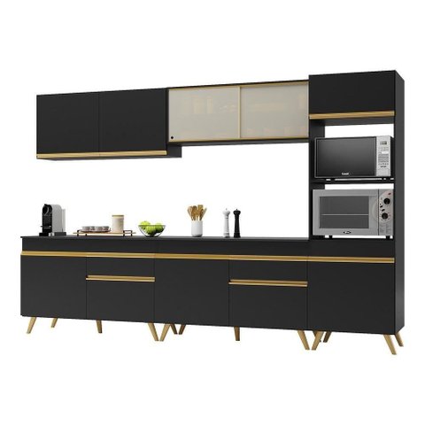 Armário de Cozinha Completa 302cm Veneza Multimóveis V3689 Preto/dourado