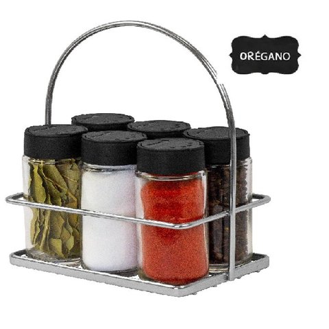 Porta Tempero Condimento 6 Potes Vidro Tampa Dosadora Suporte Cromado com Alça Organização Cozinha