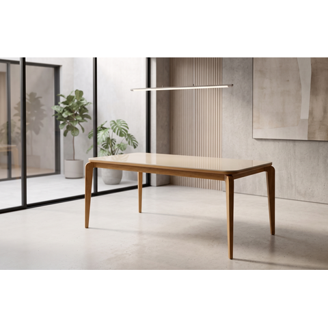 Mesa Veneza 200cm c/Vidro para Sala de Jantar Cinamomo/Off White