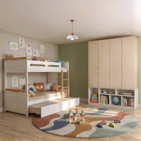 Quarto Completo com Guardar Roupa Curió e Treliche Petit Casatema MadeiraOriginals Branco/Mel
