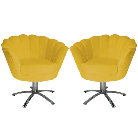 Kit 2 Poltronas Decorativa Pétala Base Giratória Metal Couro Amarelo Mz Decor