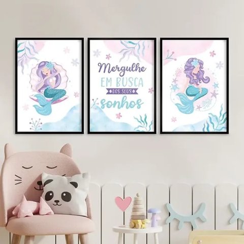 Kit 3 Quadros Menina - Sereias Sonhos 33x24cm - com Vidro:moldura Branca