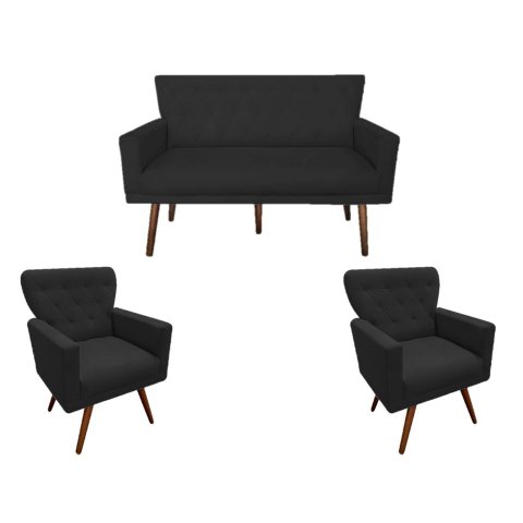 Kit Namoradeira + 2 Poltronas Decorativa Aurora Suede Preto Pés Madeira Ms Decor