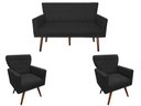 Ver imagem 1 de Kit Namoradeira + 2 Poltronas Decorativa Aurora Suede Preto Pés Madeira Ms Decor