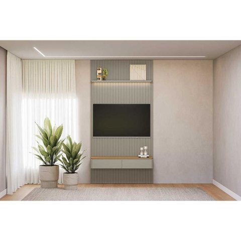 Estante P/ Sala até 60 Pol Modular 1.4 Ripado C/ 2 Portas 1 Prat. 141x250cm Tauari/gris Fosco -